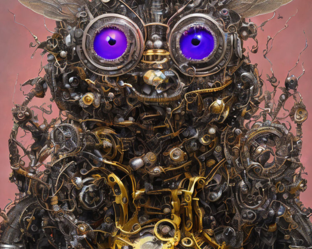 Intricate Steampunk Creature with Purple-Eyed Goggles