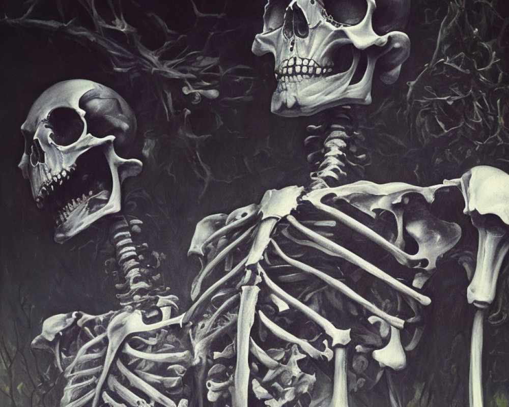 Human skeletons in different positions on dark, vine-covered background