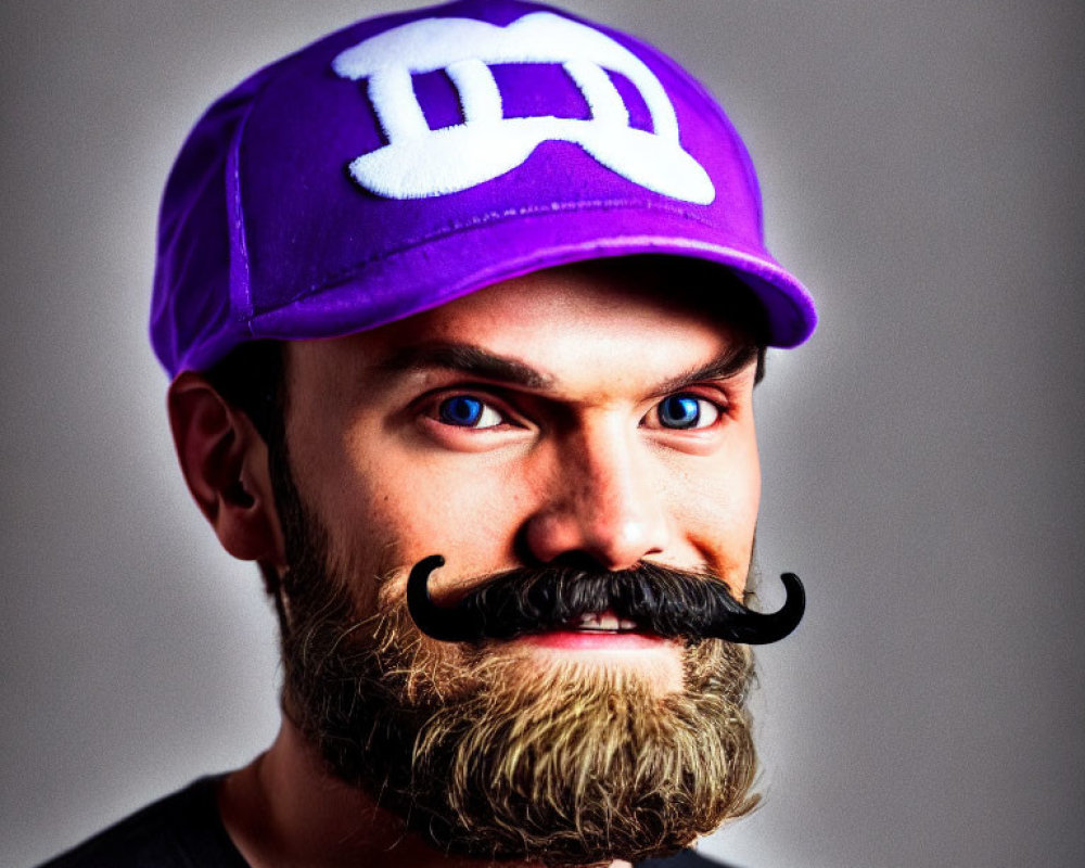 Man with Thick Beard and Whimsical Fake Mustache in Purple Cap Smiling on Grey Background