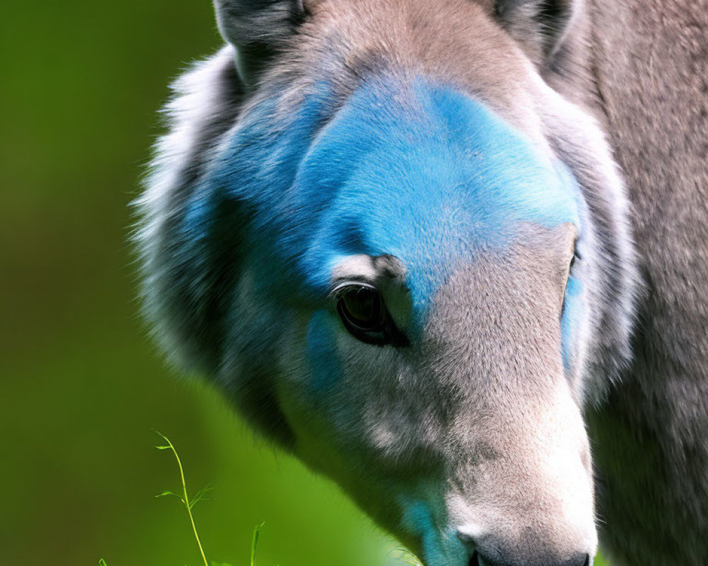 Close-Up of Animal with Striking Blue Face Pattern on Green Background