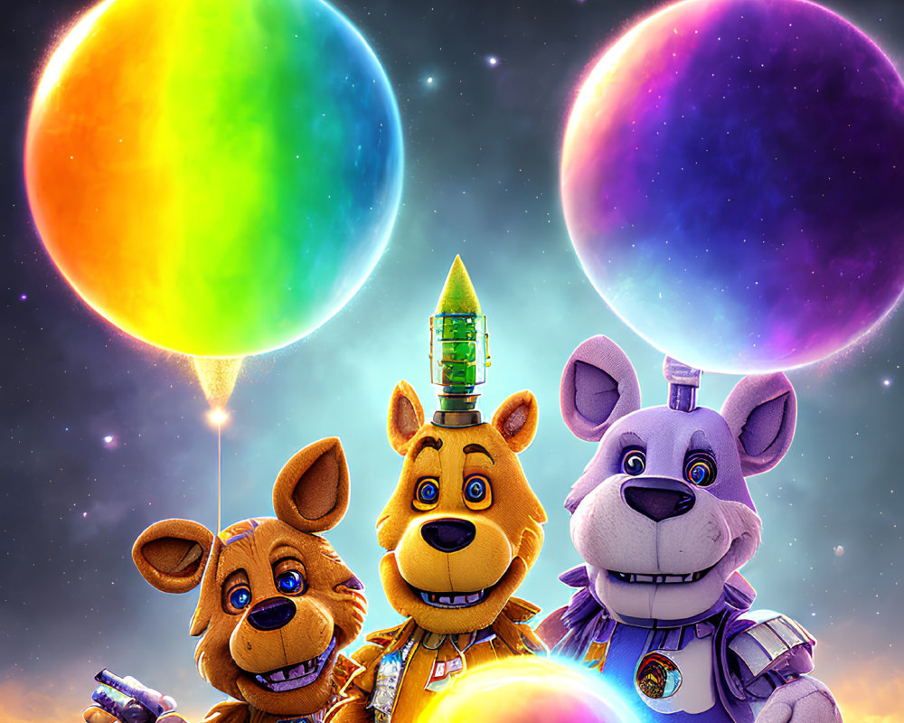 Three animated space-themed animal characters in space suits against a cosmic background with colorful planets.