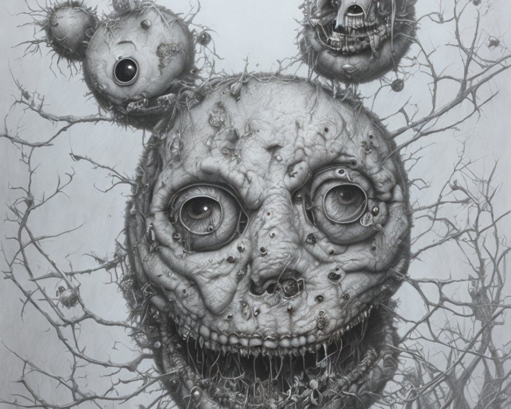 Monochromatic surreal drawing of grotesque faces with mechanical parts and stitches