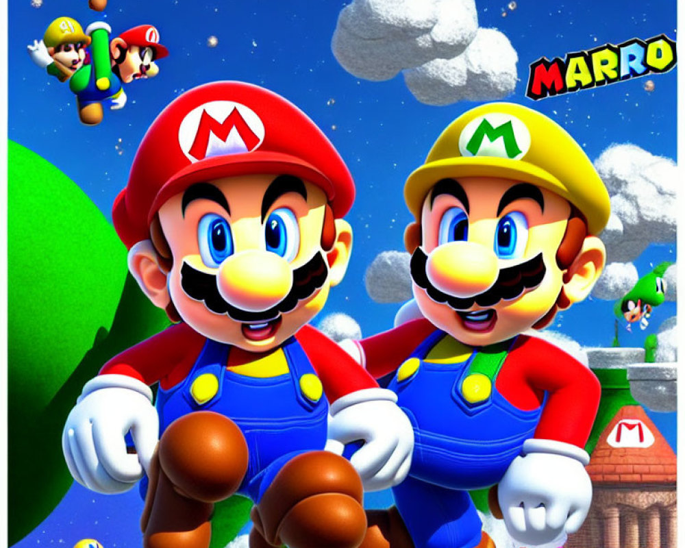 Animated characters in red hats and overalls with "M" emblem on vibrant backdrop.