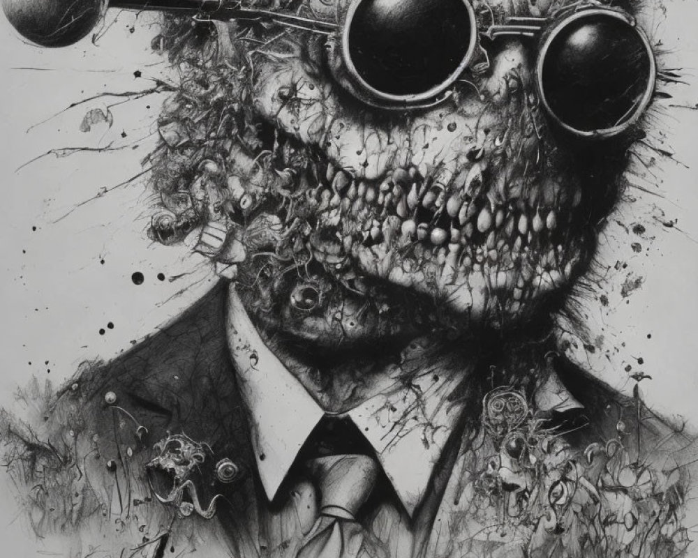 Monochromatic surreal illustration of character in goggles with distorted face and suit