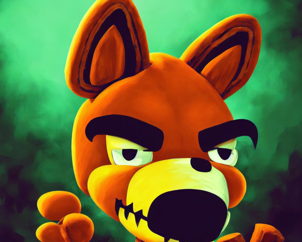 Angry orange fox with fingerless gloves on green background