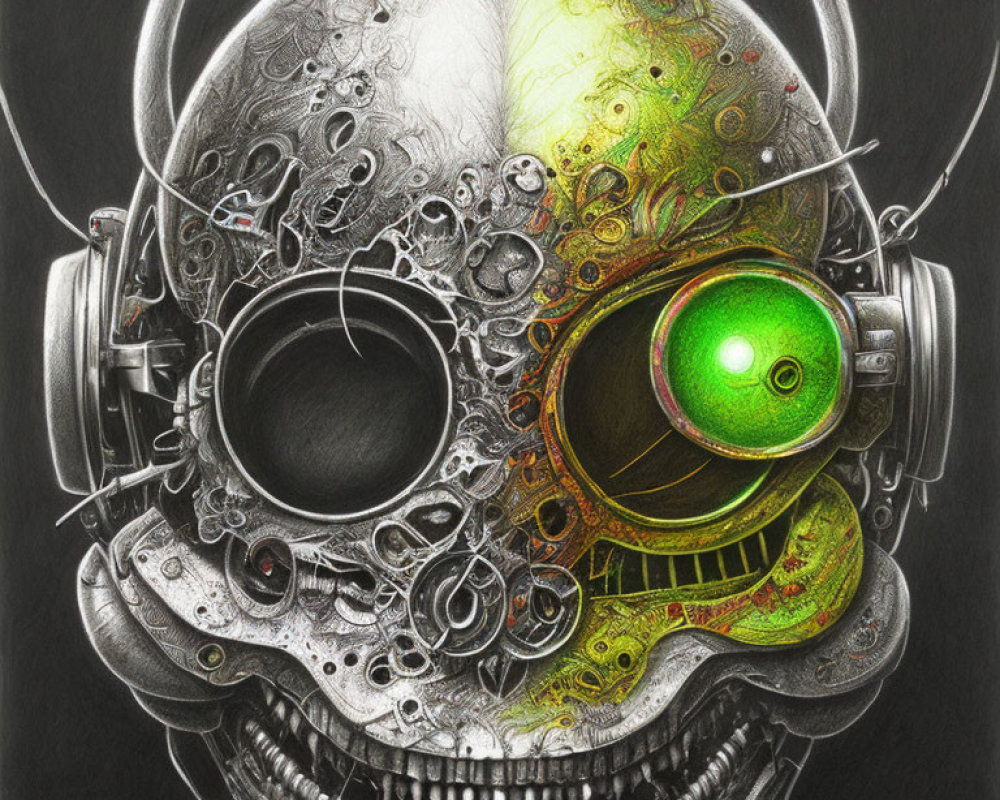 Detailed Drawing of Mechanical Skull with Green Glowing Eye and Headphones on Dark Background