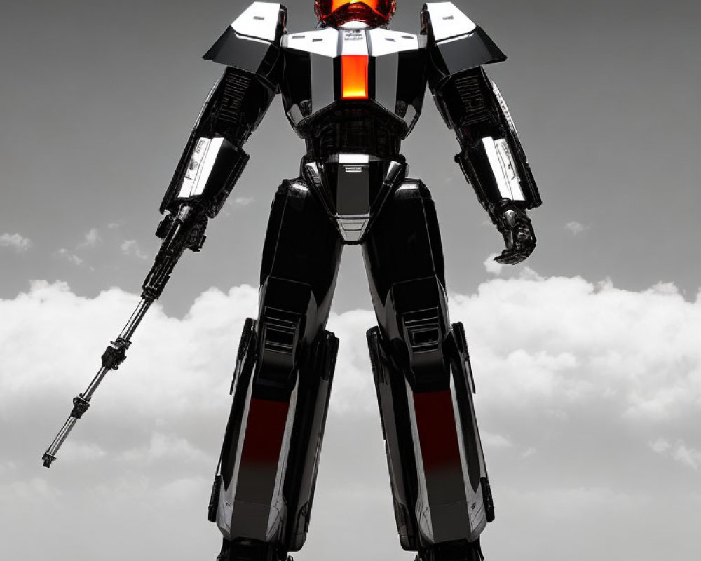 Sleek Black and White Robot with Red Visor Lights and Arm Guns