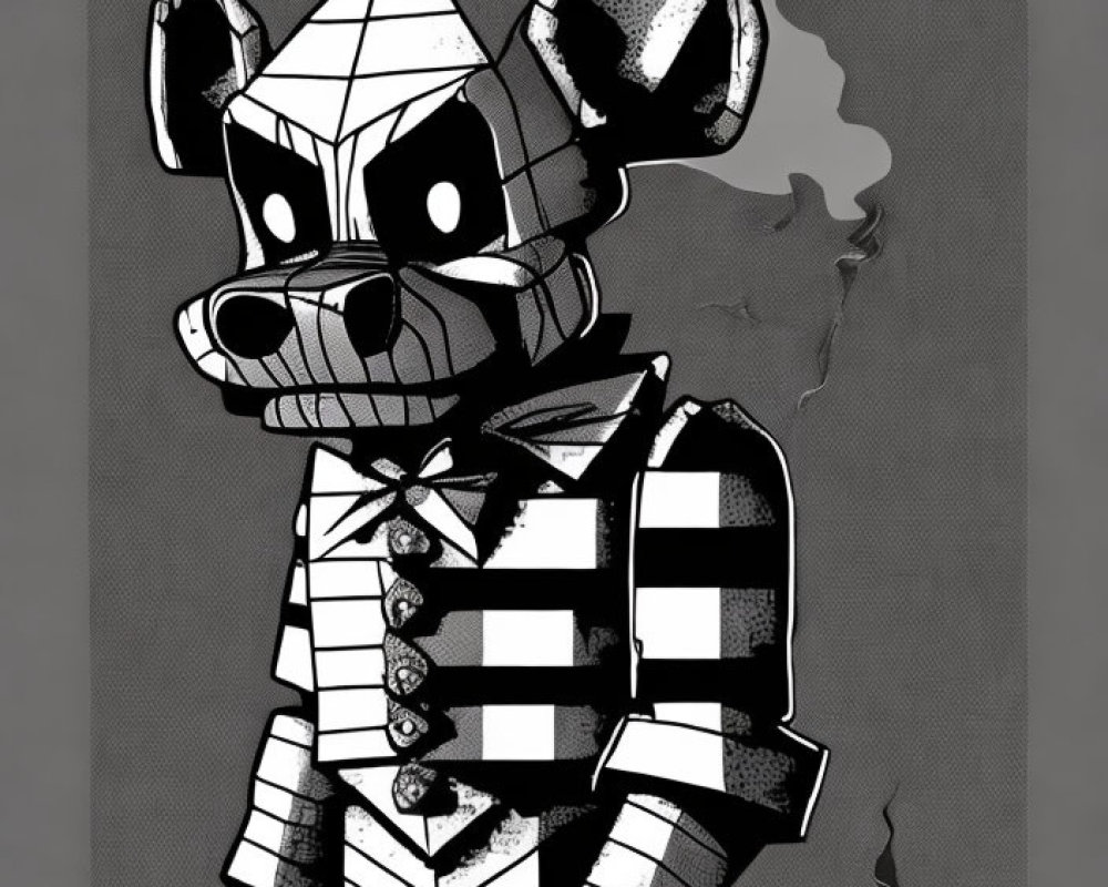 Black and white robotic mouse in checkered outfit with bow tie and cartoonish ears, with smoke background