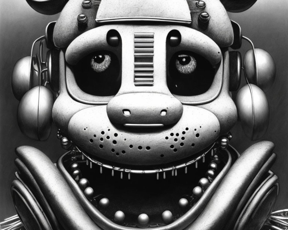 Mechanical bear-like character with large eyes and toothy grin