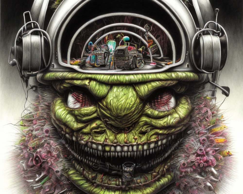 Detailed Drawing of Menacing Green Creature with Helmet and Street Scene in Mouth