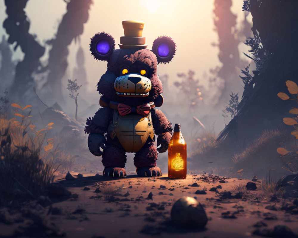 Robotic teddy bear with glowing purple eyes in dark forest with bottle