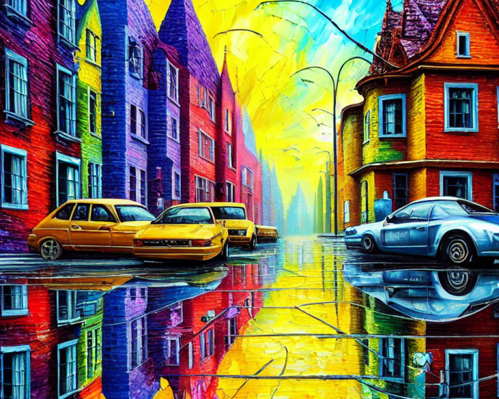 Colorful houses and cars on vibrant street under bright sky