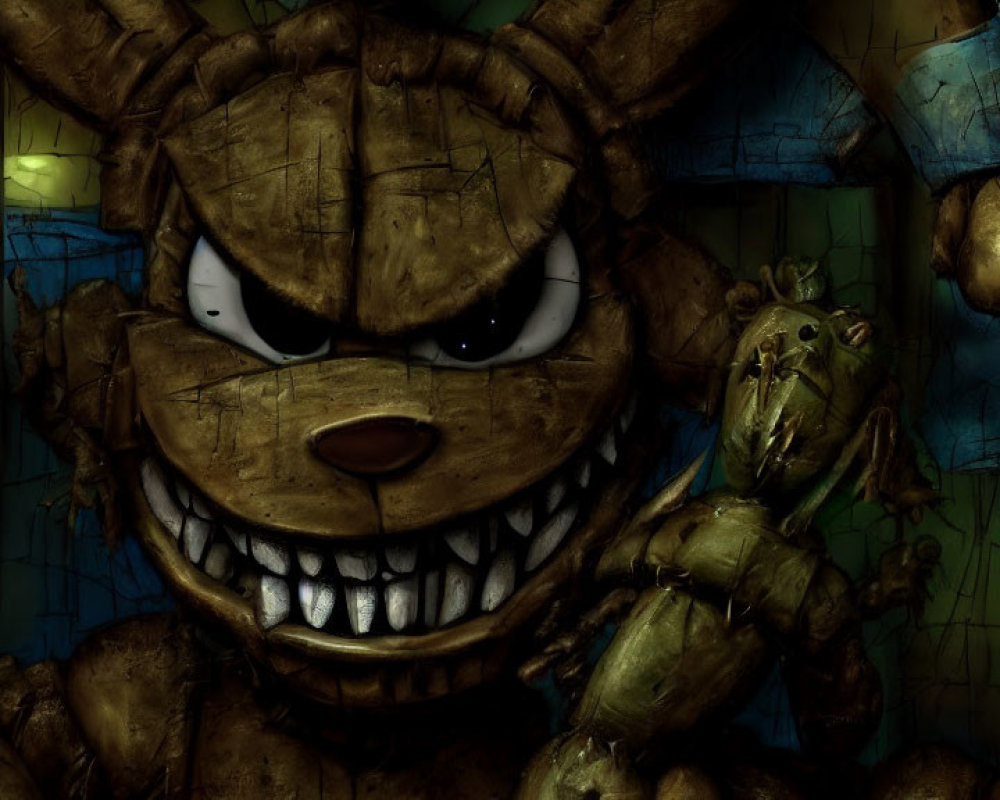 Illustration of large, brown animatronic rabbit with sharp teeth holding smaller green rabbit