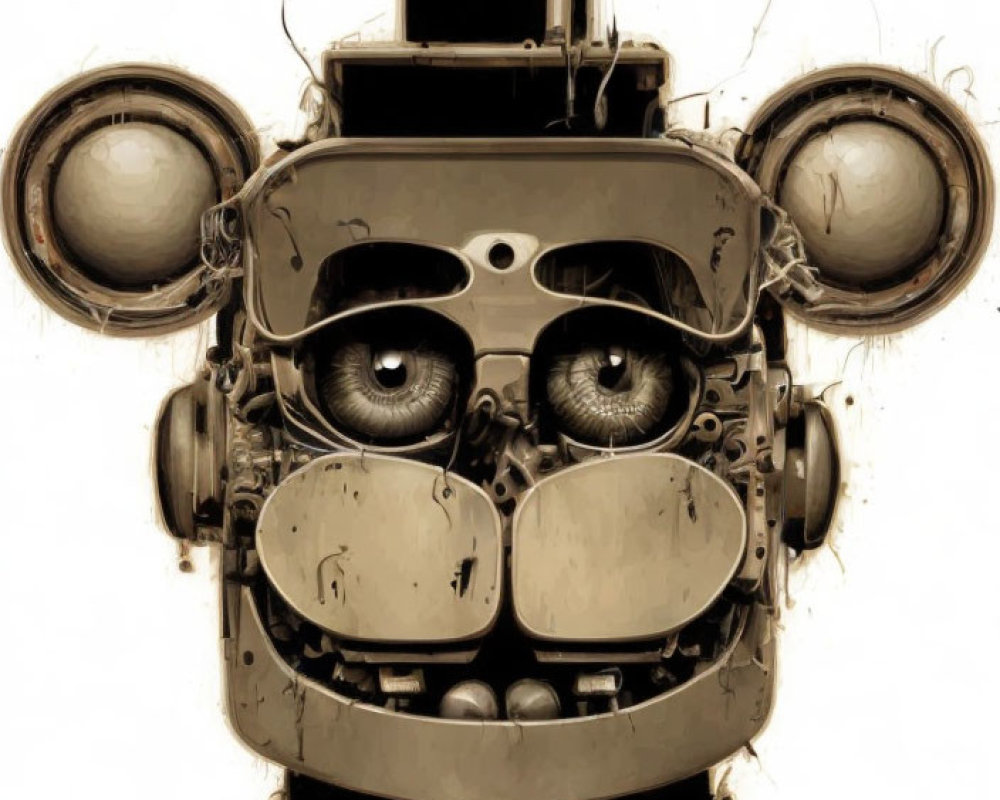 Sepia-Toned Robot Face Illustration with Human-Like Features