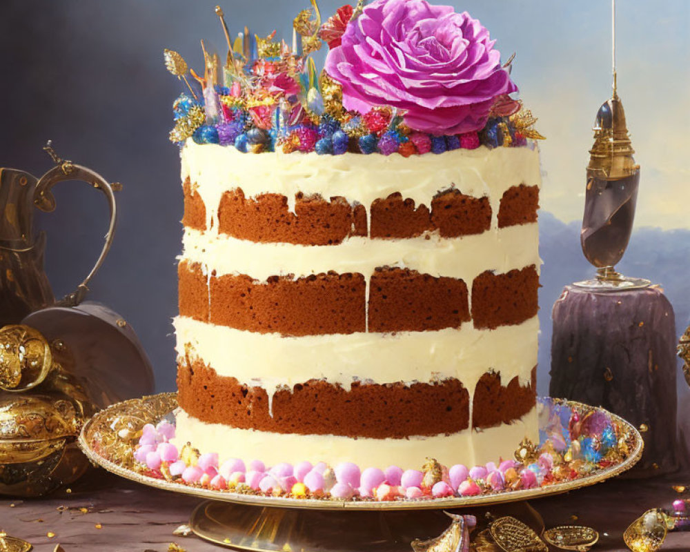 Elegant multi-layered sponge cake with pink floral topper on golden tray