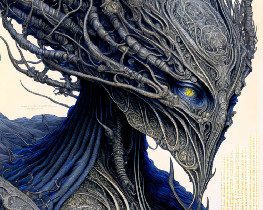 Blue ornate alien creature with glowing yellow eyes in organic, symmetrical patterns