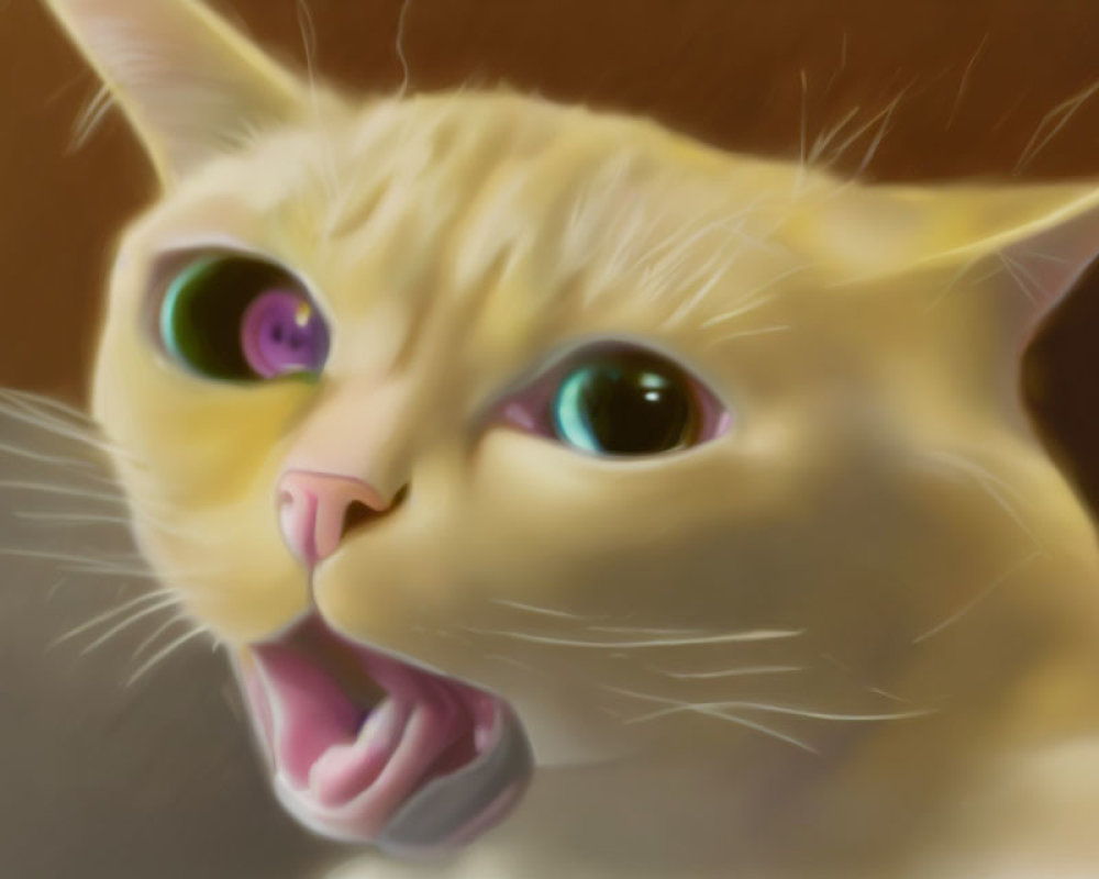 Cream-colored cat with mismatched eyes in digital painting