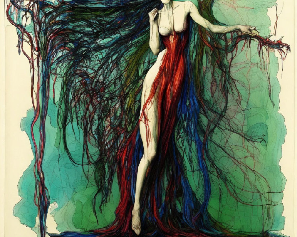 Colorful Standing Figure with Flowing Hair and Tree Root Motif