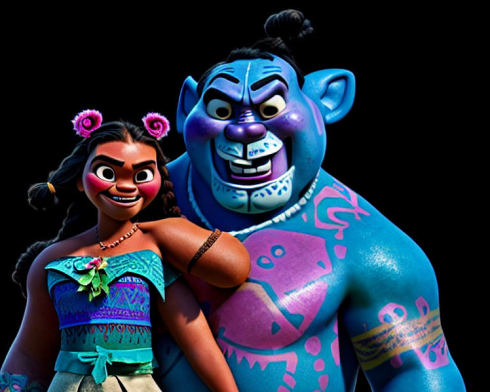 Blue-skinned character with tattoos and flower-haired character smiling on dark background