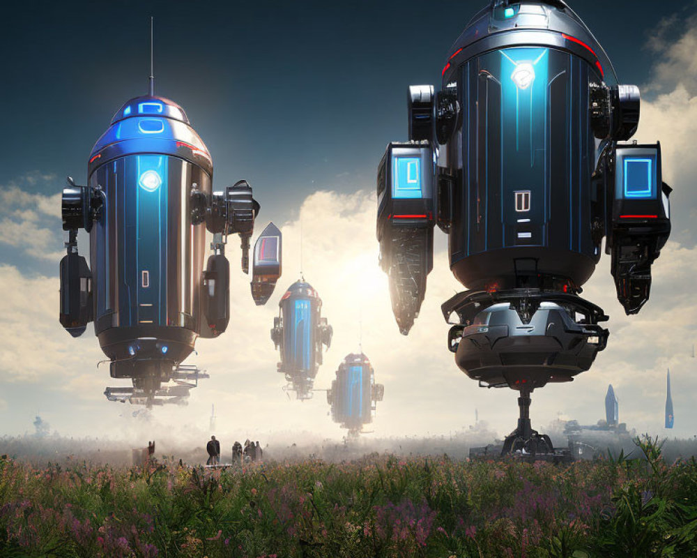 Futuristic robots hover over flower field with blue lights