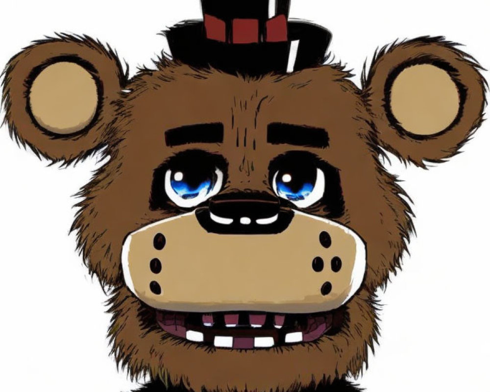 Cartoon bear with blue eyes in top hat and bow tie, showing sharp teeth