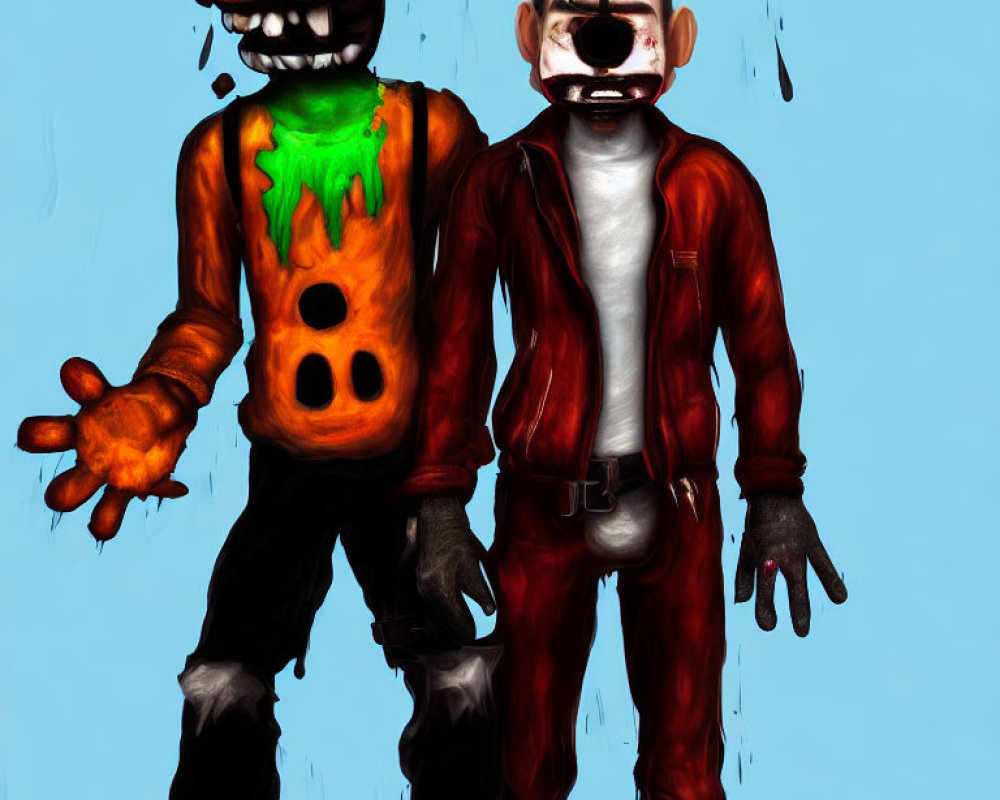 Animated characters with pumpkin head and green glow, alongside human-like figure in red jacket and black pants.