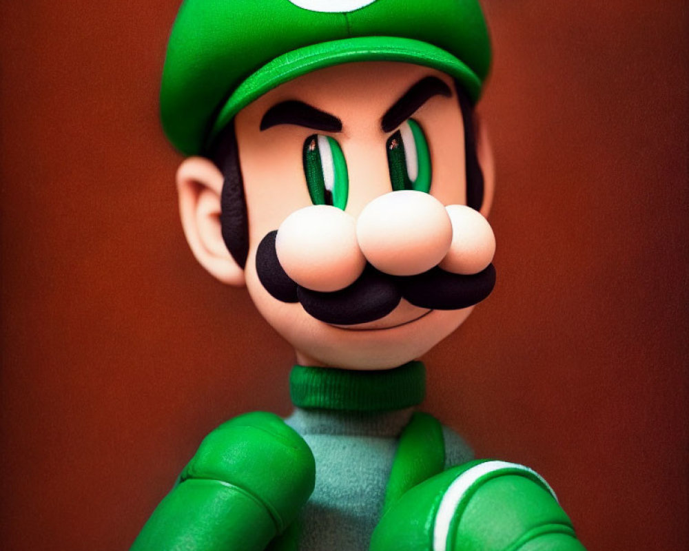 Green-hat Luigi Figurine with Big Eyes and Mustache on Brown Background