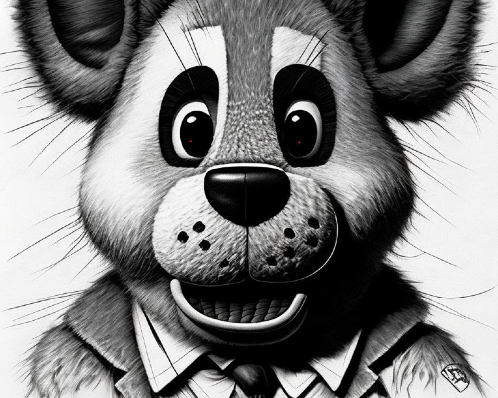 Smiling anthropomorphic animal with collar and tie in black and white