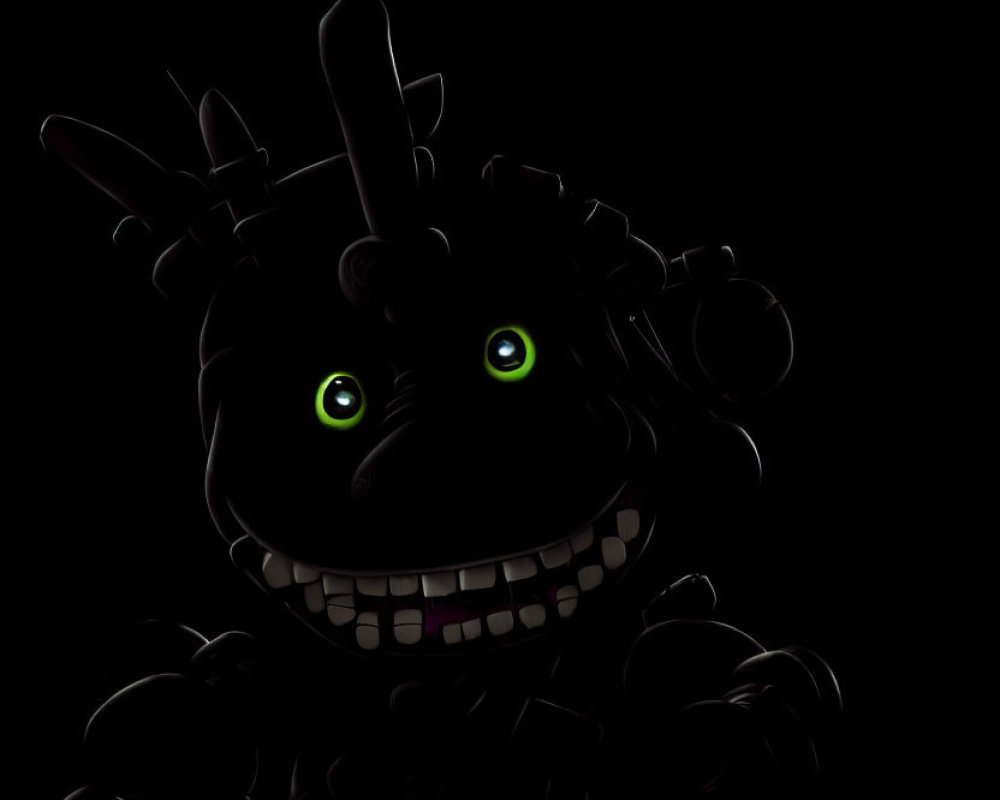 Mysterious figure with green eyes and wide grin on black background