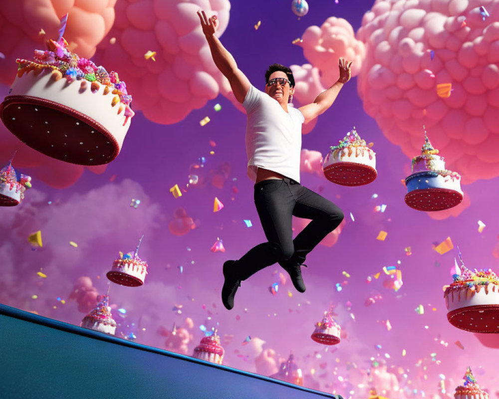 Person Jumping on Trampoline Surrounded by Flying Cakes and Confetti in Fantasy Sky