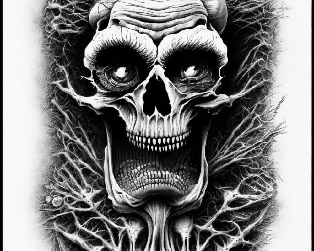 Detailed black and white skull drawing with exaggerated features and textured hair.