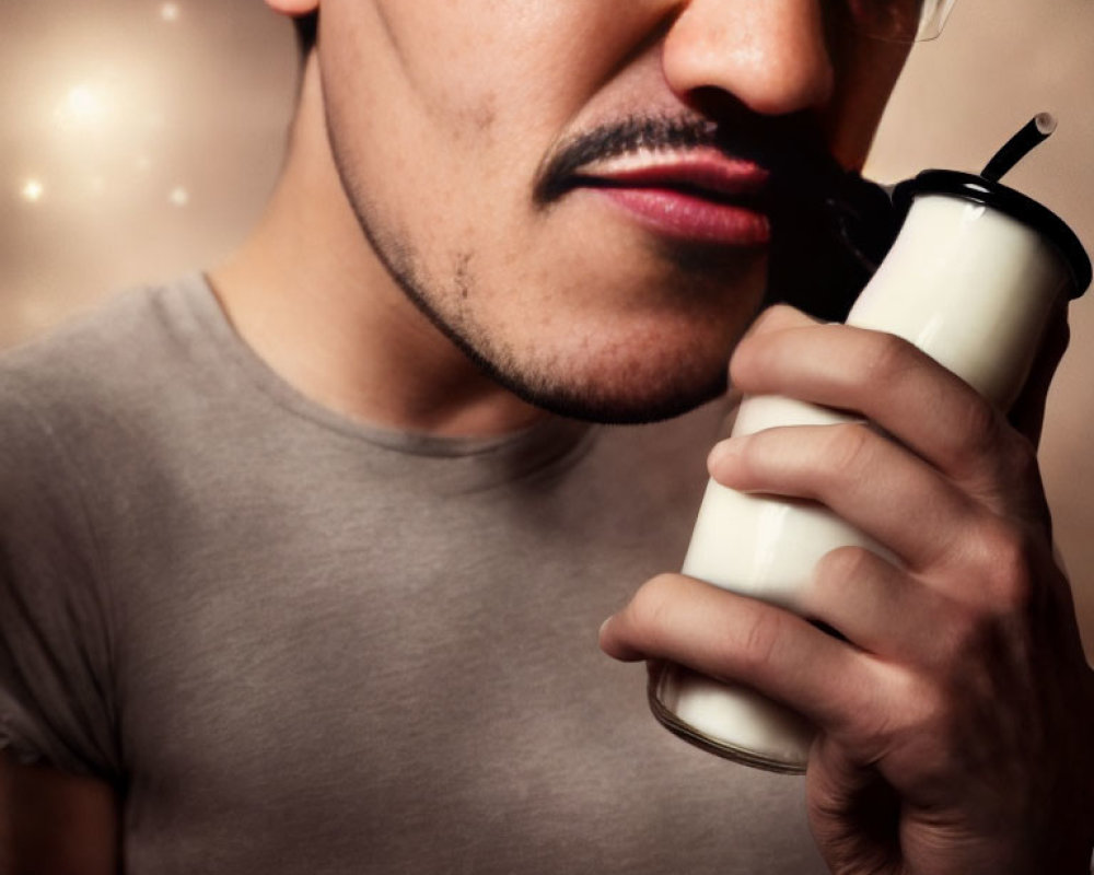 Mustached man sipping from reusable straw cup on sparkly background