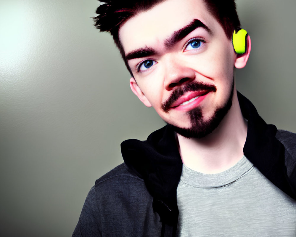 Young adult with styled hair, goatee, earring, grey shirt, and black hoodie smiling at