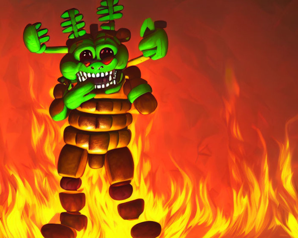 Green robotic character with antlers and multiple eyes in front of flames