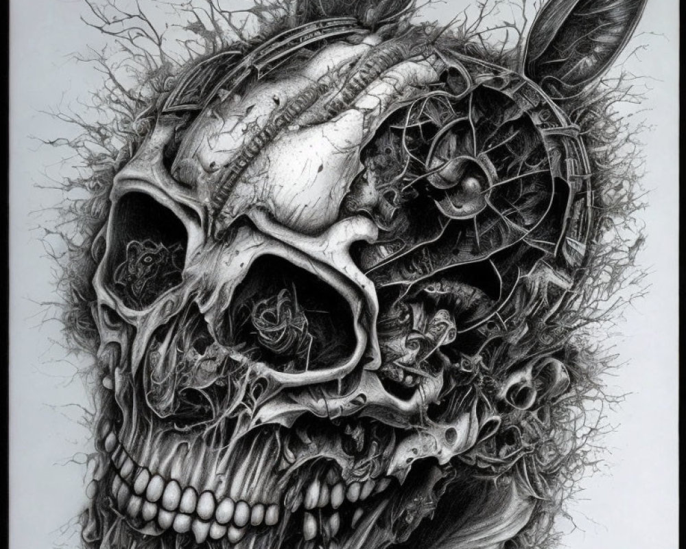 Detailed half-human, half-rabbit skull drawing with flora on dark background