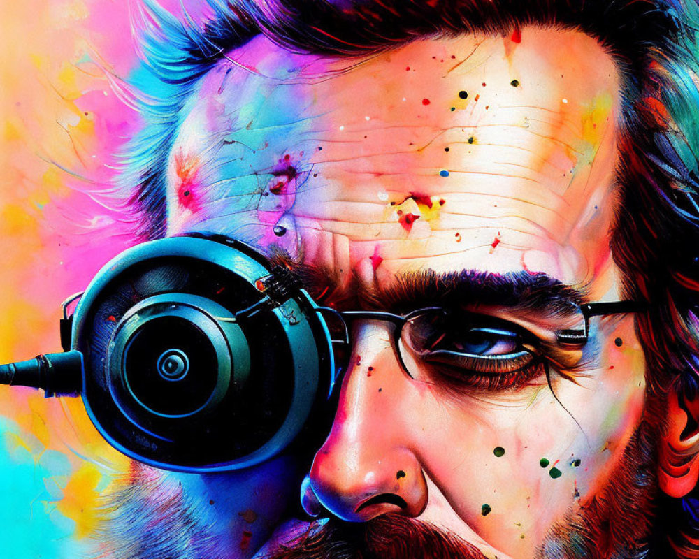 Colorful Bearded Man with Headphone on Neon Background