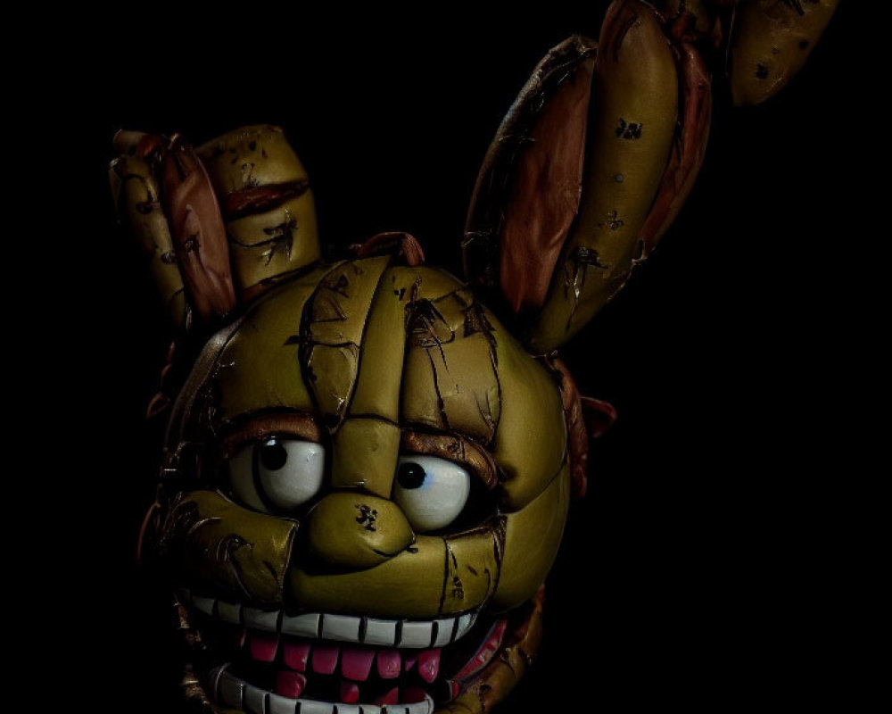 Damaged animatronic rabbit head with creepy features