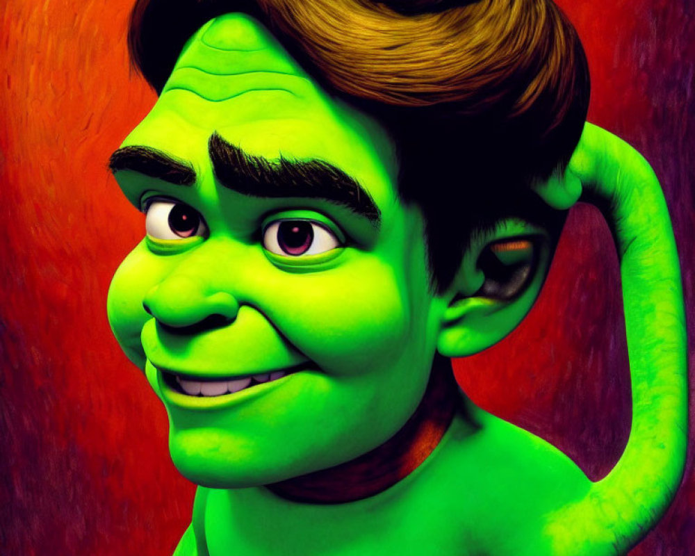 Smiling green-skinned ogre with brown hair on red background