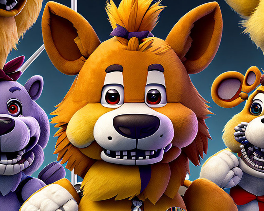 Vibrant animatronic animal characters, featuring a smiling orange fox.