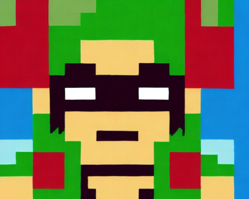 Character with Green Hair and Black Glasses in Pixelated Image