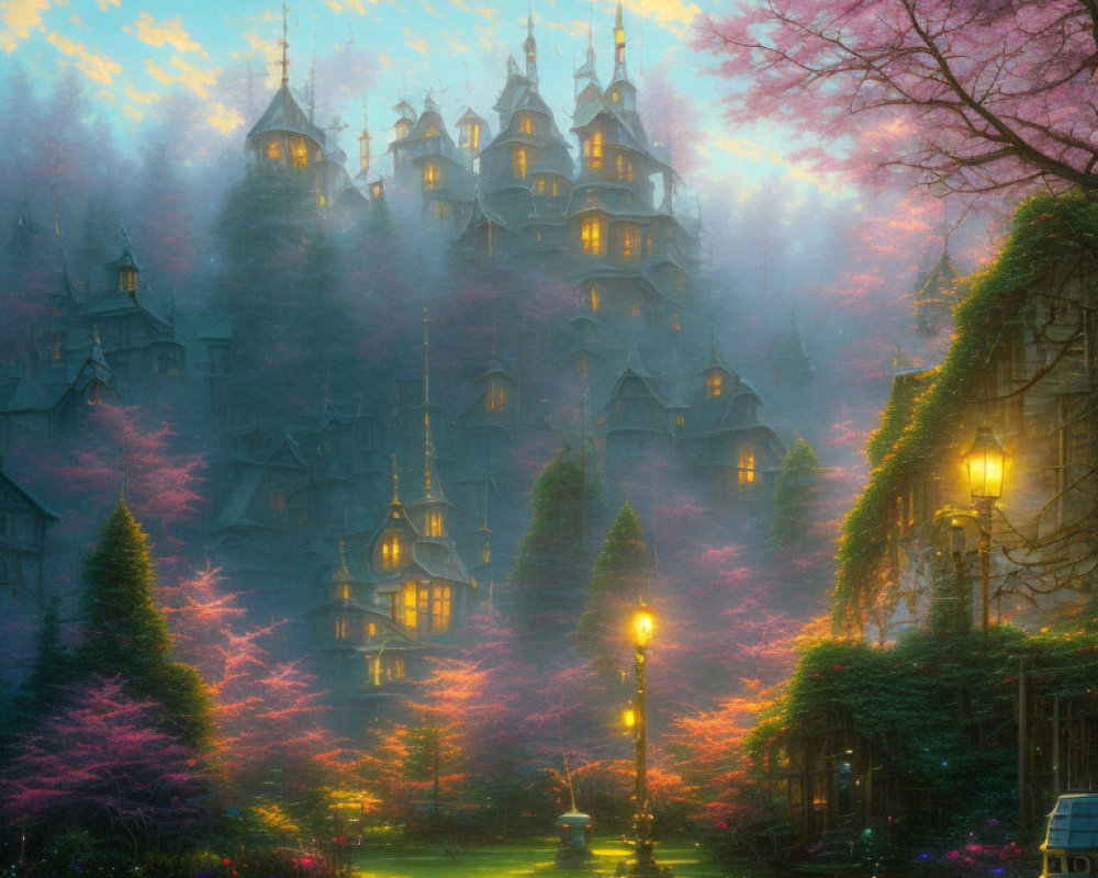 Enchanting twilight scene of a glowing castle in lush gardens