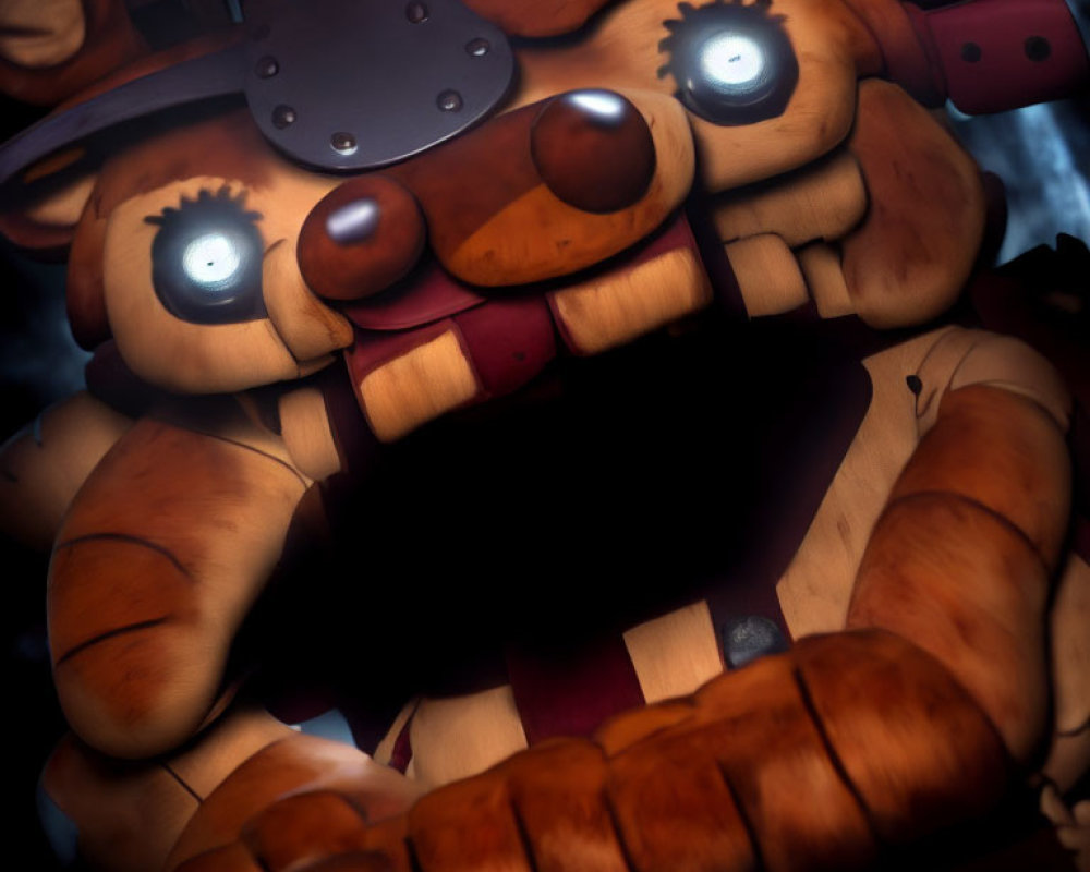 Menacing animatronic bear with glowing blue eyes and open mouth on dark background
