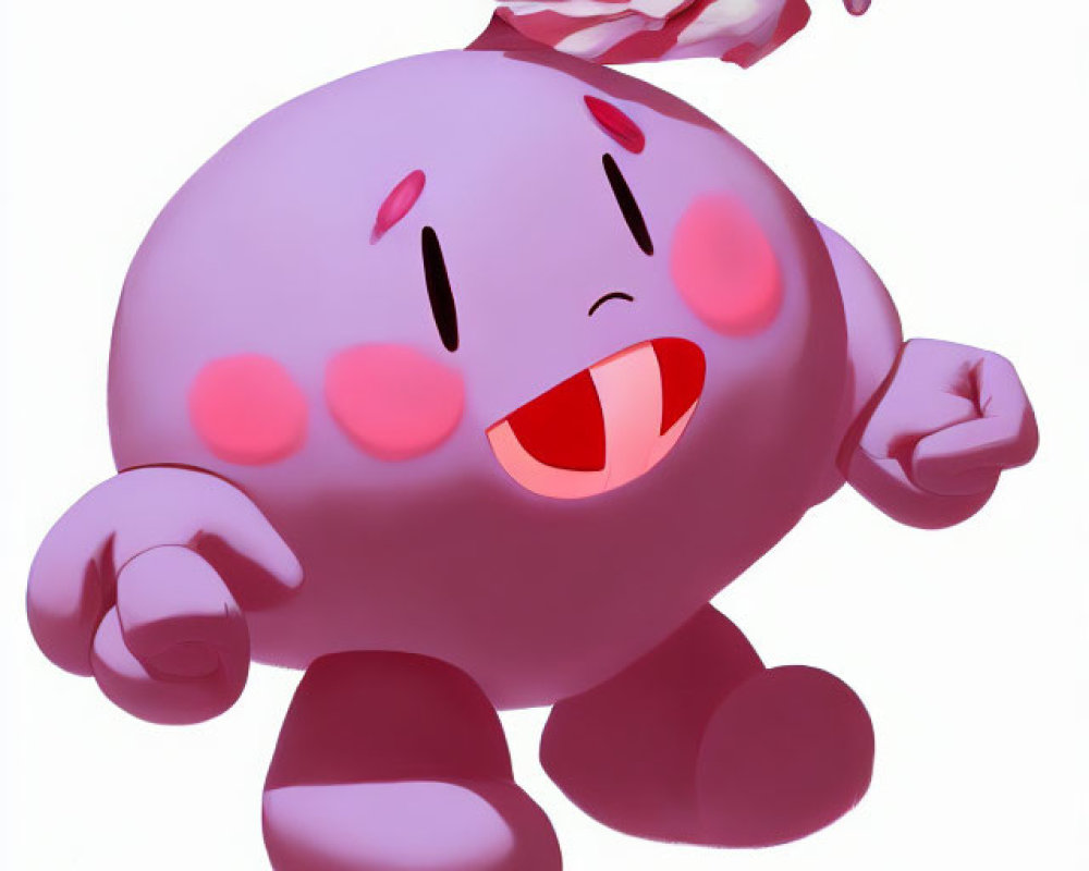 Pink animated character winking and waving with a red swirl on cheek