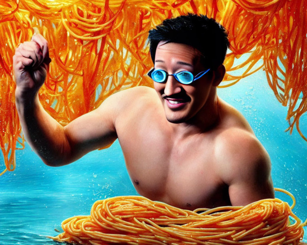 Person in Goggles Playfully Emerges from Spaghetti Pool