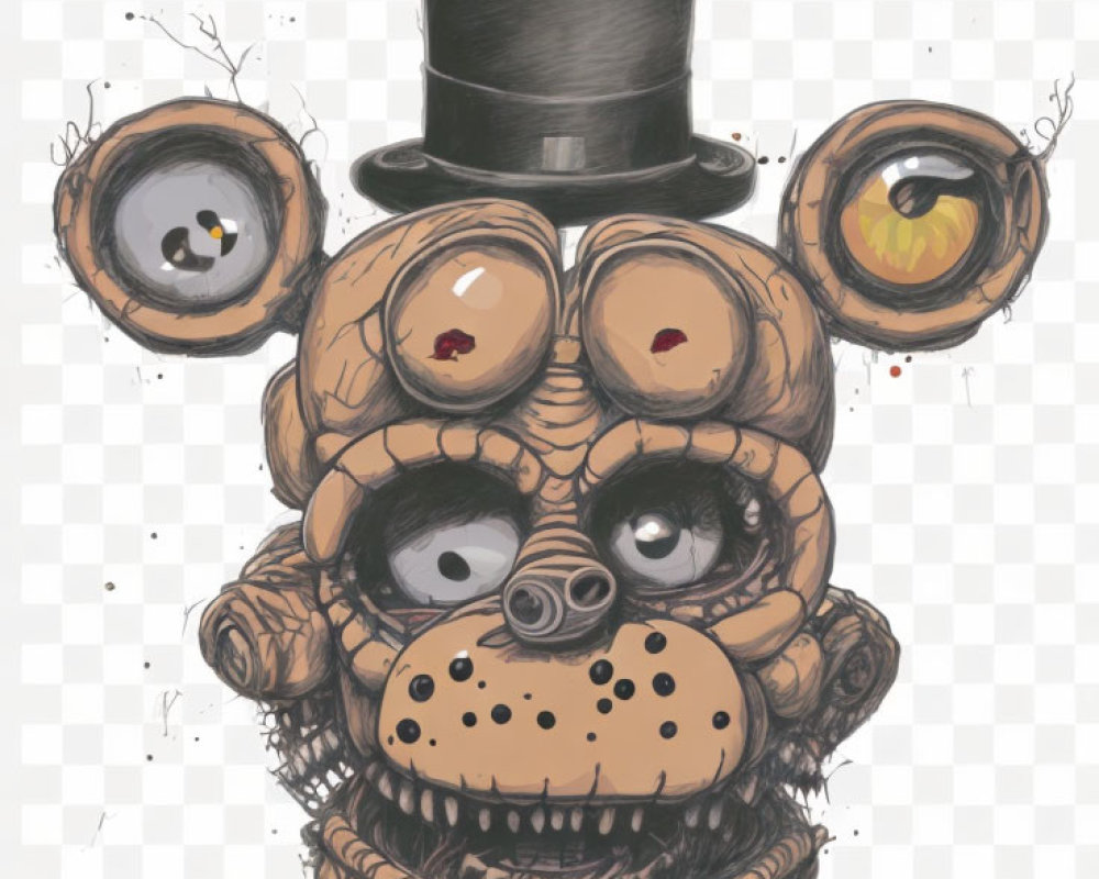 Stylized animatronic bear head with multiple eyes and top hat