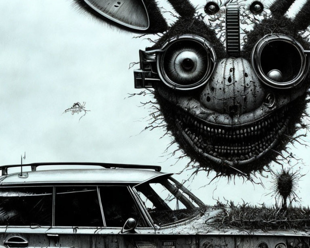 Monochrome surreal artwork: robotic rabbit head, vintage car, detailed eyes, flying insect