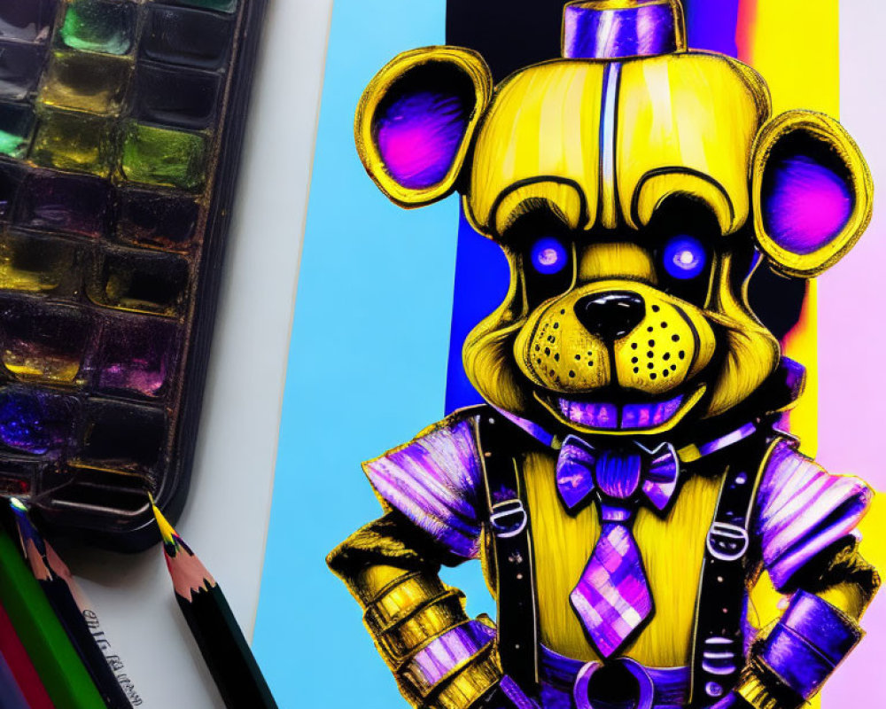 Cartoon bear in purple suit beside watercolors and colored pencils