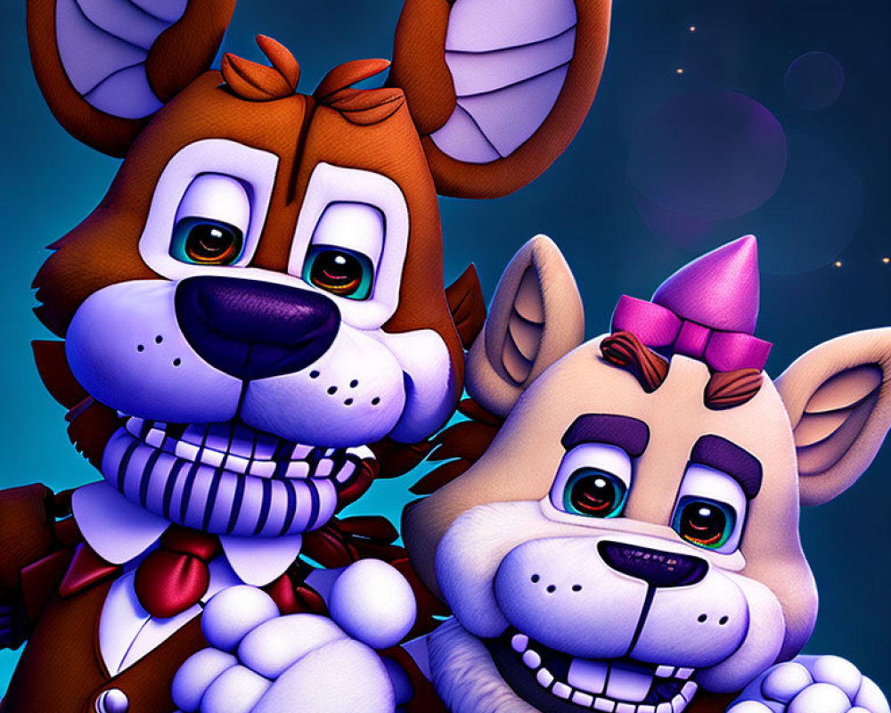 Anthropomorphic dogs with bowtie and ribbon on starry background