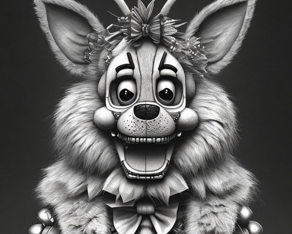 Whimsical black and white furry creature with floral headband and animated facial features.