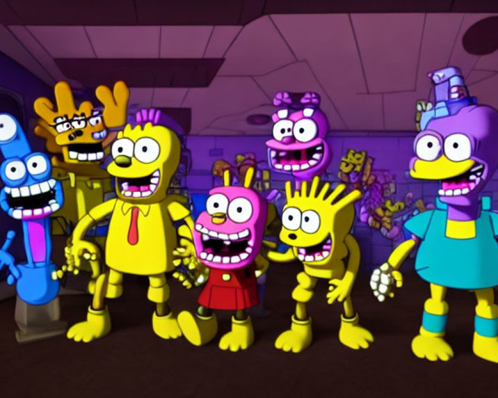 Exaggerated smiles cartoon characters in purple-toned room